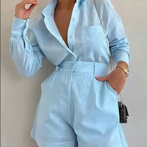 Light Blue long sleeves Women's two piece short set